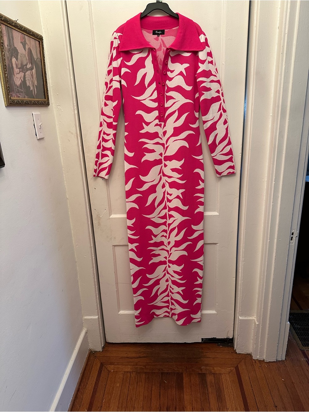 Hanifa Soraya Pink and White Knit Maxi Dress With Collar.